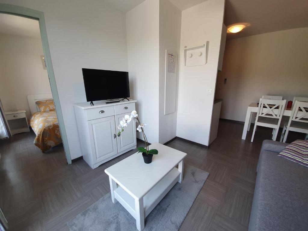 salon z telewizorem i białym stołem w obiekcie Le Blanc-Martel - Piscine, Climatisation & Parking w mieście Gréoux-les-Bains
