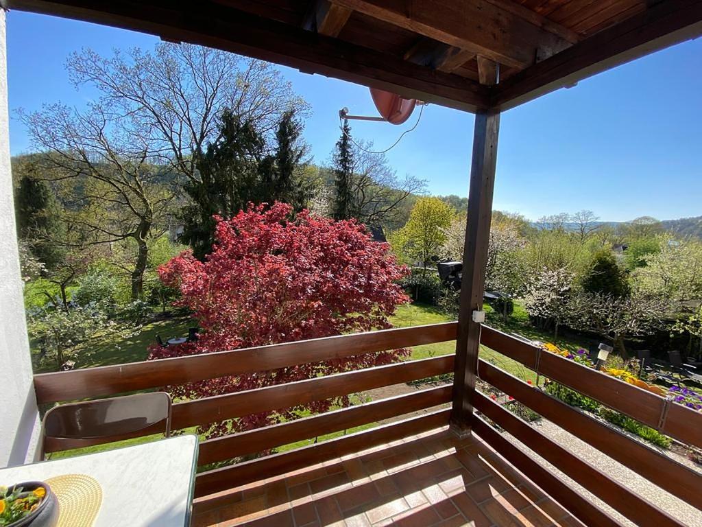 een balkon met uitzicht op een tuin bij Ferienwohnung Chaves in Bad Karlshafen