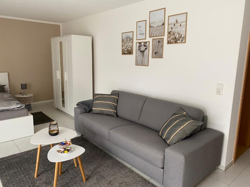 a living room with a gray couch and a table at Ferienwohnung Vörstetten in Vörstetten