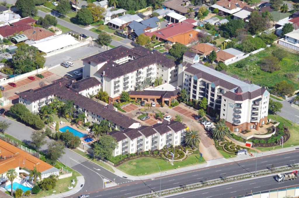 an aerial view of a city with buildings and a street at Great Eastern Motor Lodge in Perth
