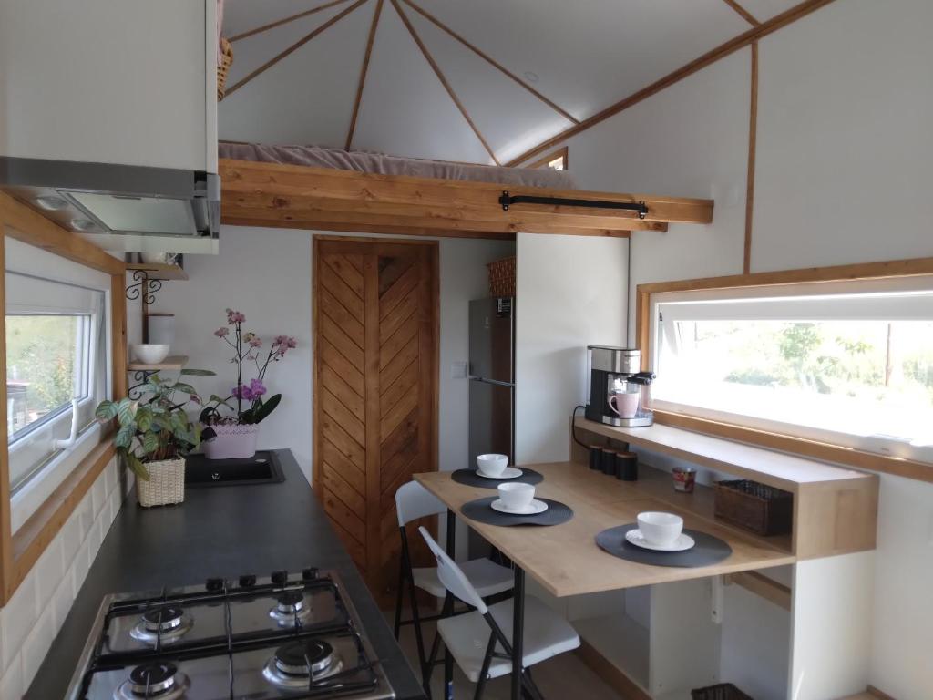 una cocina en una casa pequeña con fogones en Tiny House Cluj with Jacuzzi, en Sînnicoară