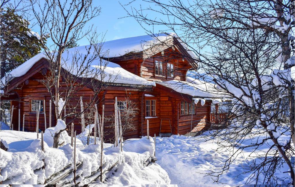 a log cabin in the snow with snow covered trees at Nice Home In Hovden I Setesdal With 5 Bedrooms, Sauna And Wifi in Hovden