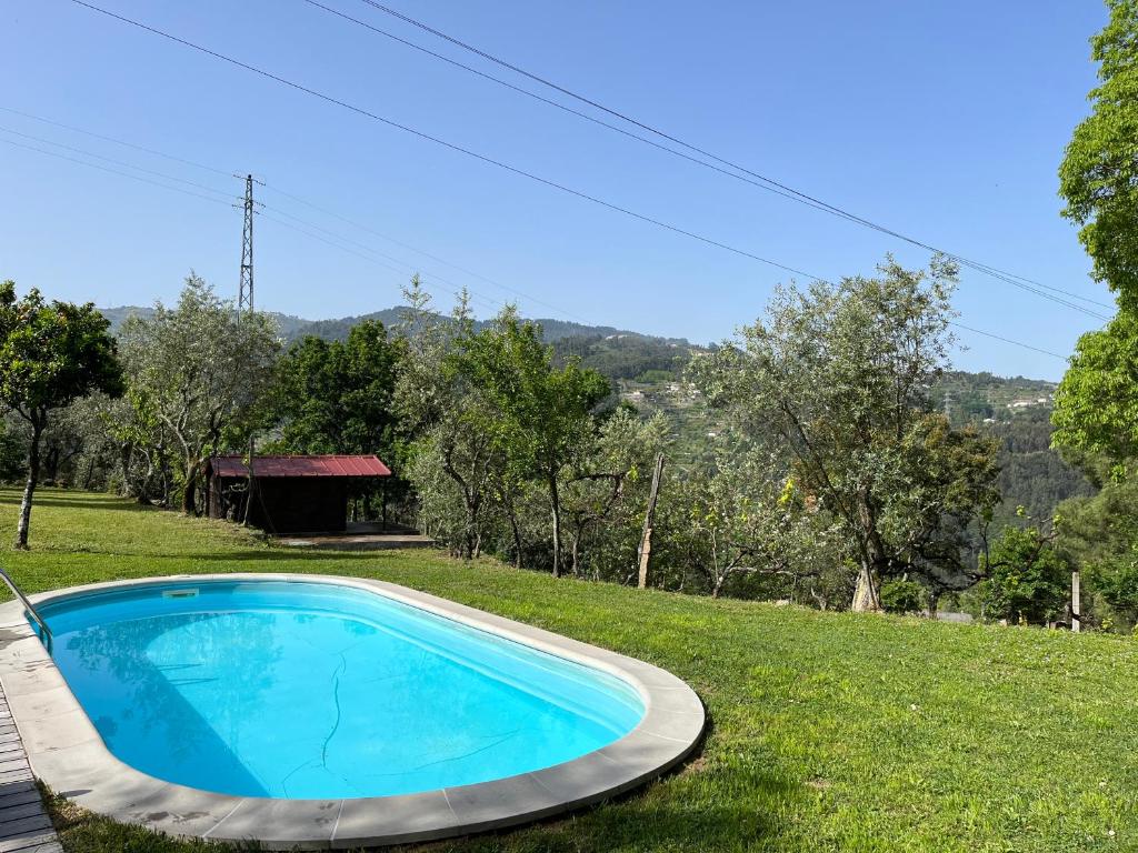 a blue swimming pool in the middle of a grass field at Casa das Lameirinhas by LovelyStay in Cinfães