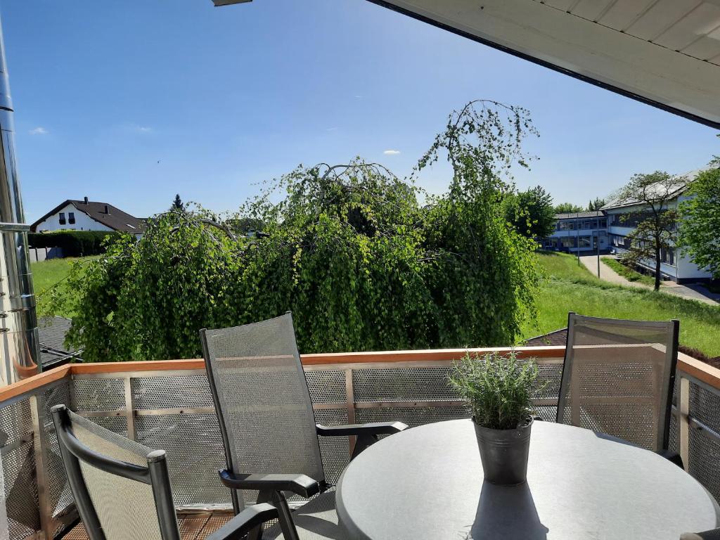 a table and chairs on a balcony with a view of a yard at Pflaumers Ferienwohnung in Eppingen