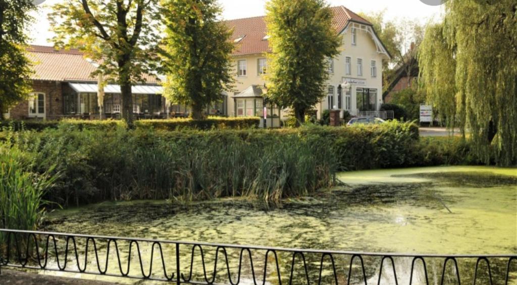 un estanque en un parque con una casa y árboles en Landhaus Hoisdorf en Hoisdorf