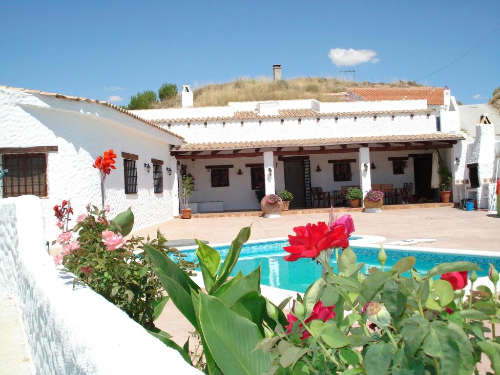 a villa with a swimming pool and a house at Cueva de La Alegría in Huéscar