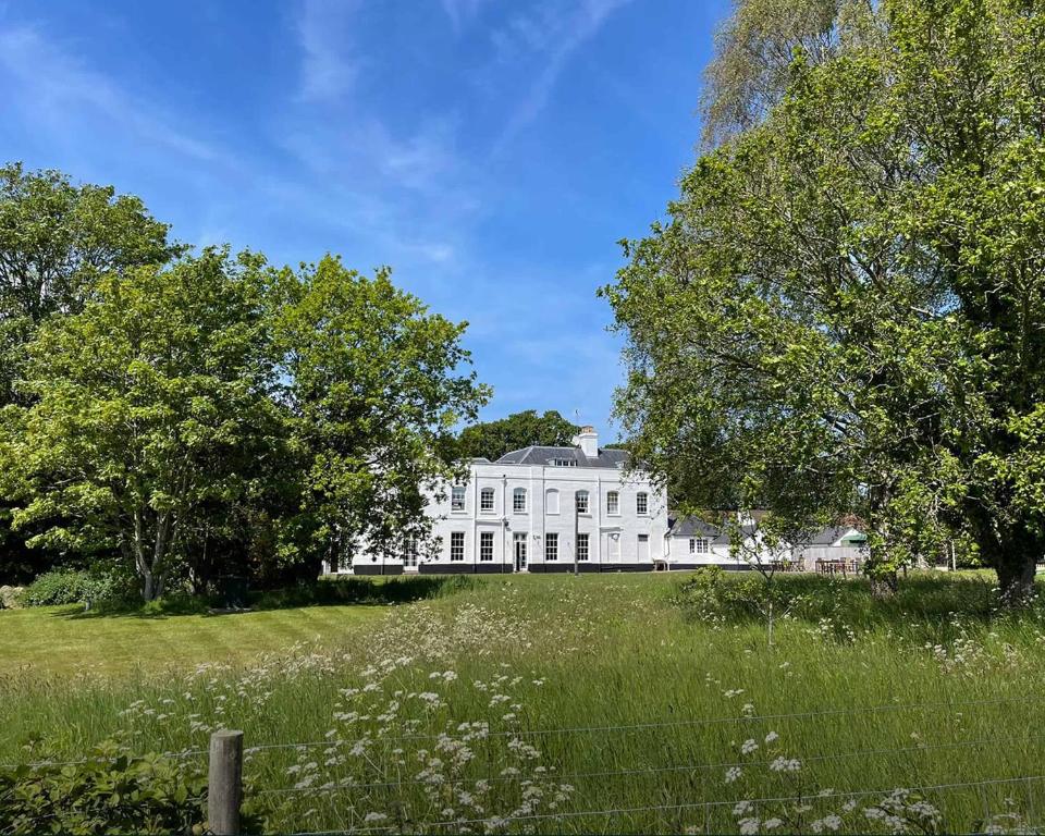 a white house with a field of grass and trees at The Retreat New Forest, Hinton in Christchurch