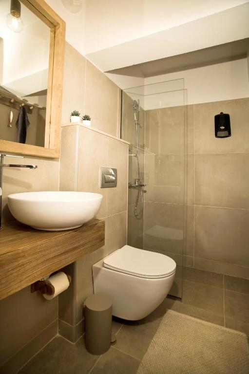 a bathroom with a toilet and a sink and a shower at Horizon Hotel Kalymnos in Myrties