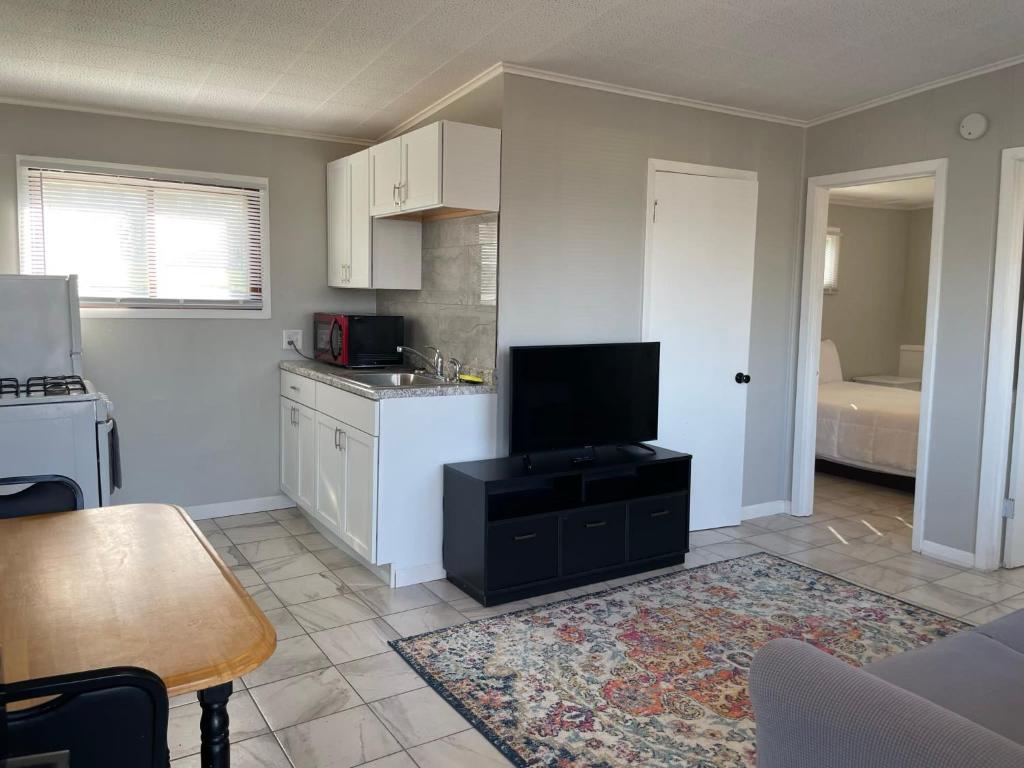 a living room with a kitchen with a tv on a counter at 2 Bedroom Suite with kitchen in Lake City