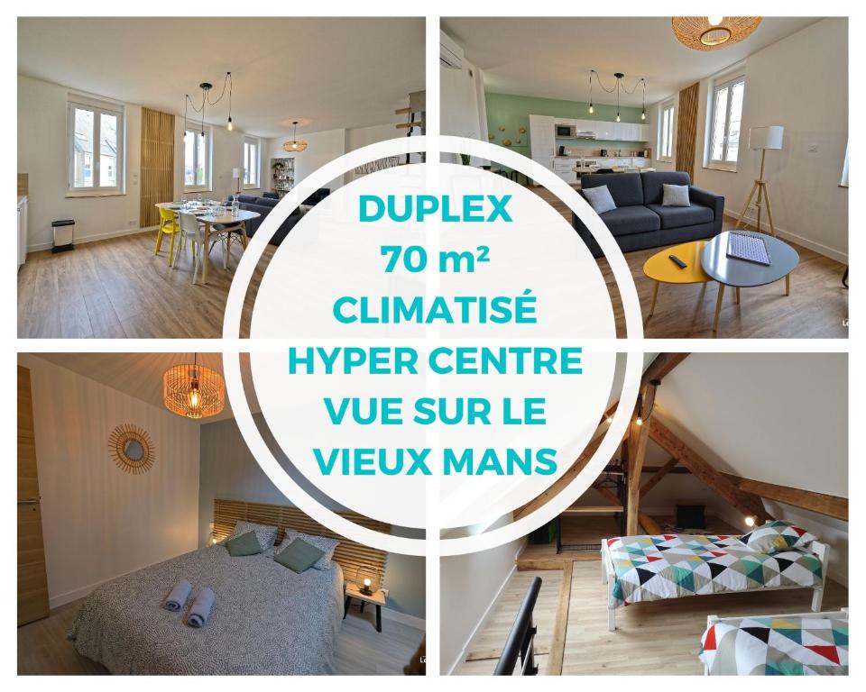 a collage of photos of a living room and a living room at duplex appartement 70m2 atypique au cœur du Mans in Le Mans