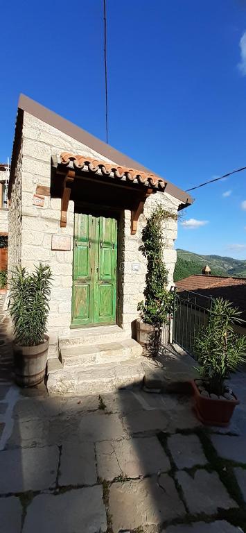 una piccola casa con una porta verde su un patio di Il Gelsomino a Castelmezzano