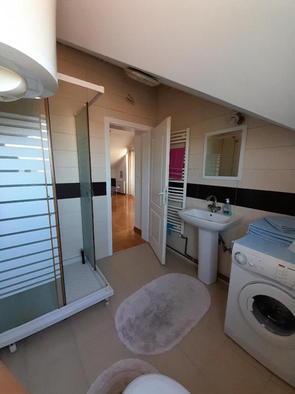 a bathroom with a washing machine and a sink at Apartment Ken in Surčin