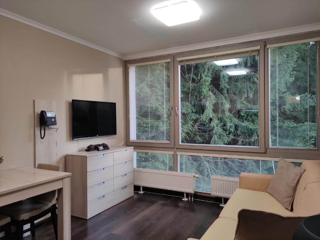 Posezení v ubytování WELLNESS APARTMÁN RESIDENT HARRACHOV C306 Apartmán 2KK s kuchyní, balkonem a výhledem do lesa