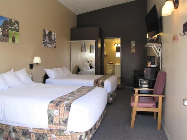 ein Hotelzimmer mit 2 Betten und einem Stuhl in der Unterkunft Bear Country Inn and Suites in Mountain View