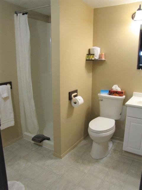 a bathroom with a toilet and a shower at Bear Country Inn and Suites in Mountain View