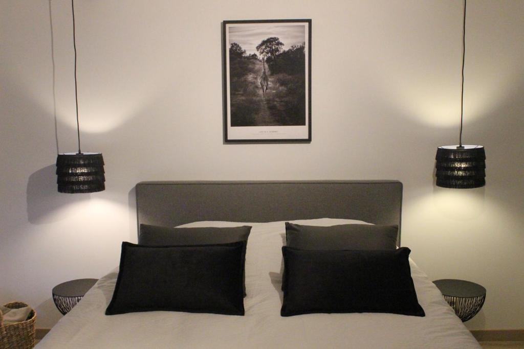 1 dormitorio con 1 cama con 2 luces encima en Les hôtes voies en Bouillon
