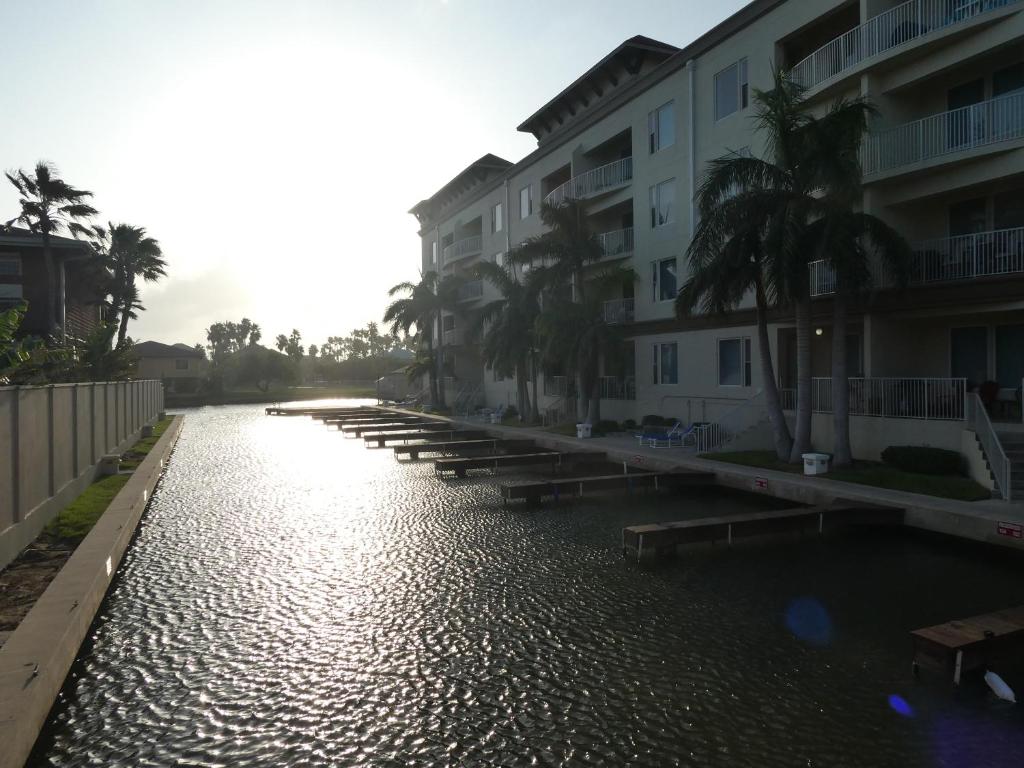 サウス・パドレ・アイランドにあるLas Marinas Condominiums with Boat Docksの椰子の木と建物の水
