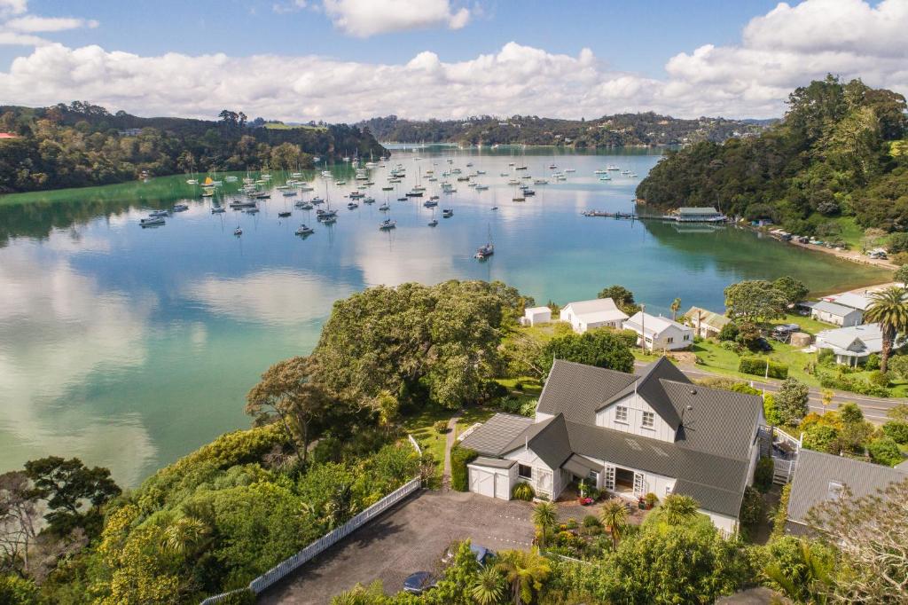 an aerial view of a lake with boats in it at Arcadia Lodge Russell in Russell