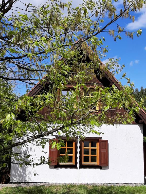 ZełwągiにあるSiedlisko Mazurskie koło Mikołajekのオレンジ窓付きの小さな白い家