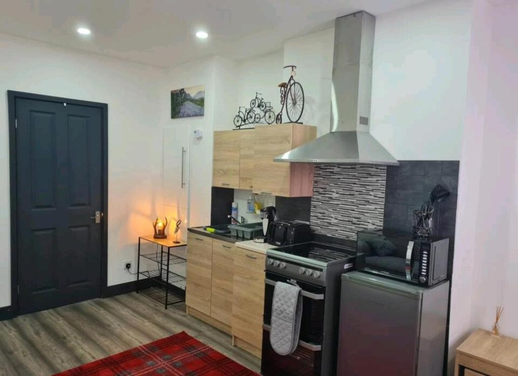 uma cozinha com um fogão e um fogão forno superior em Charming 1-Bed Apartment in Peebles em Peebles
