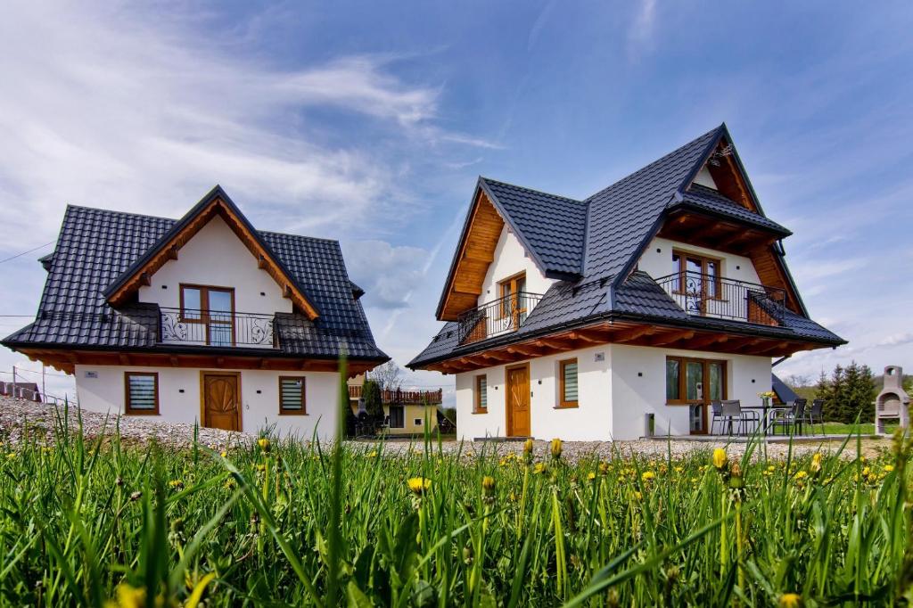 two houses with black roofs in a field of grass at Domki Magia Gór-nocleg obok Term in Szaflary