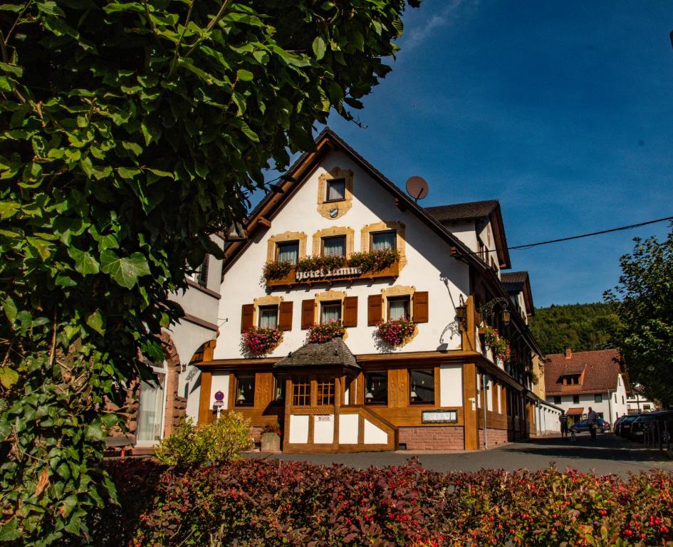 un bâtiment avec des boîtes de fleurs à l'avant dans l'établissement Hotel Lamm, à Heimbuchenthal