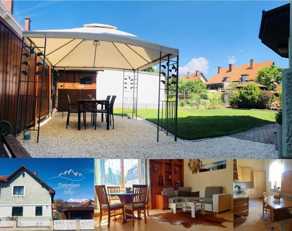 two pictures of a house with an umbrella at Ferienhaus Silke in Knittelfeld