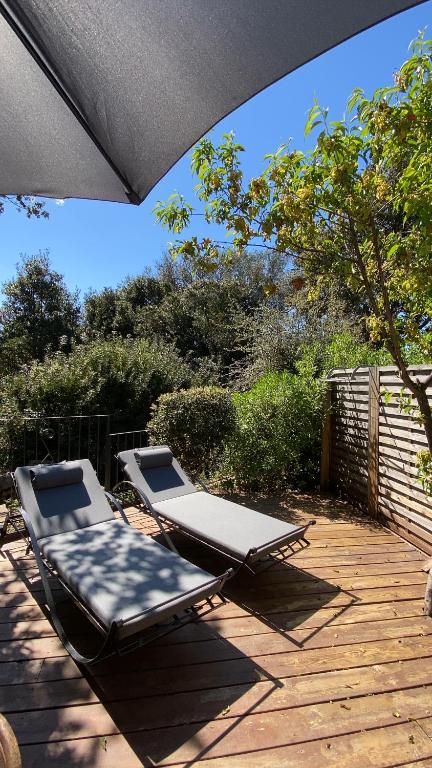 two lounge chairs sitting on a wooden deck at Hôtel confidentiel Le Grecale in Pianottoli-Caldarello
