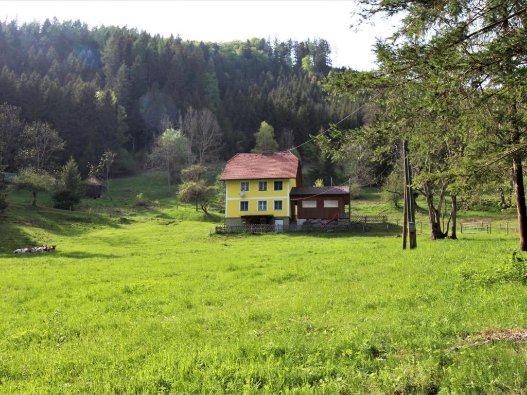 una casa amarilla en un campo de césped verde en Holiday Home Krechen Alm by Interhome en Pernegg an der Mur