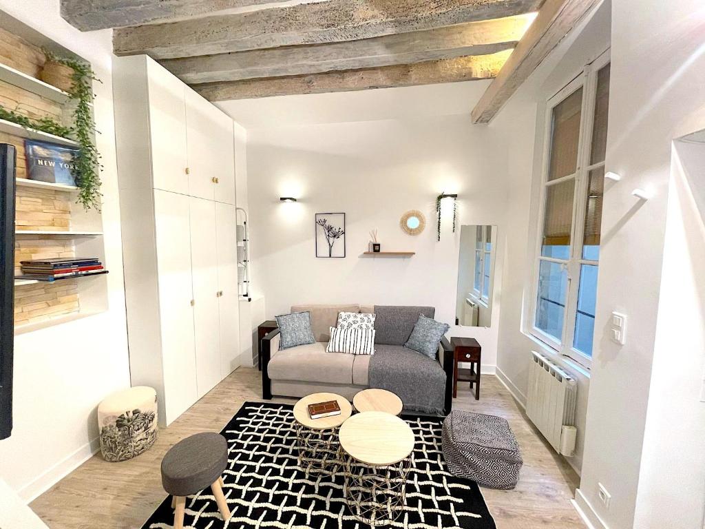 een woonkamer met een bank en een tafel bij Loft Augustins in Parijs