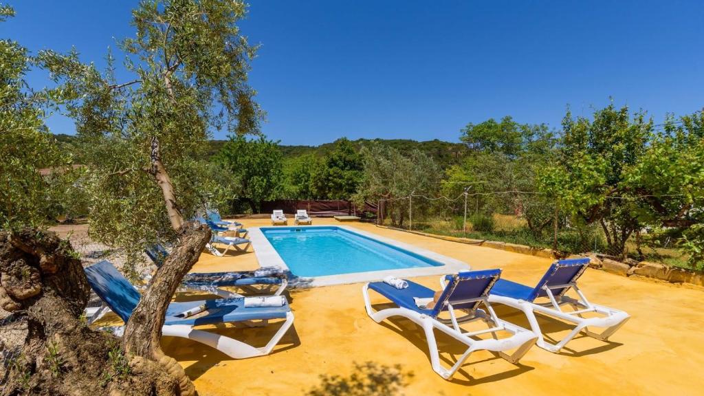 una piscina con tumbonas y un árbol en Complejo Residencial Barquero Pernía Cañete la Real by Ruralidays, en Cañete la Real