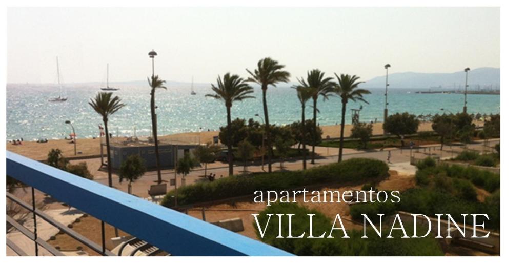 een uitzicht op een strand met palmbomen en de oceaan bij Apartamentos Villa Nadine in Playa de Palma