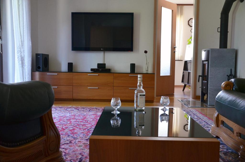 a living room with a couch and a tv at Apartments Lenardic in Bled