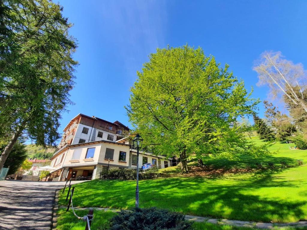 ein großes Haus auf einem grünen Rasen mit Bäumen in der Unterkunft Hotel Miramonti Family & SPA in Frabosa Soprana