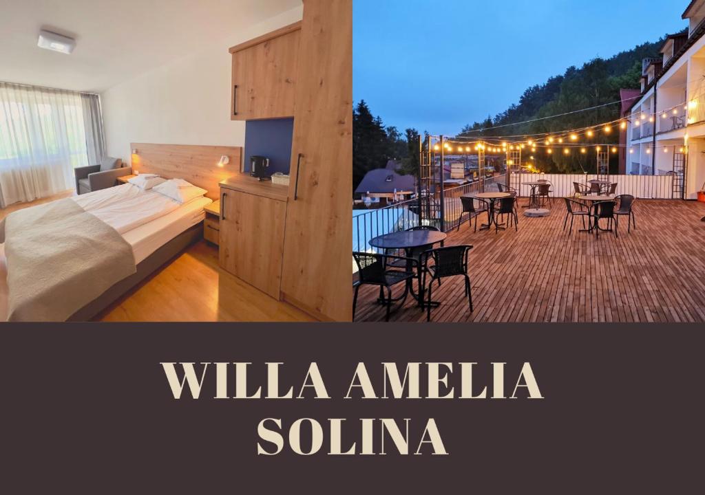 a hotel room with a bed and a balcony with tables and chairs at Willa Amelia in Solina