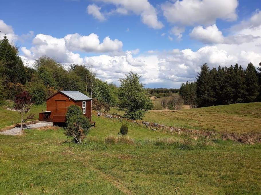 a small cabin in a grassy field with trees at The Nook in Tawnyinah