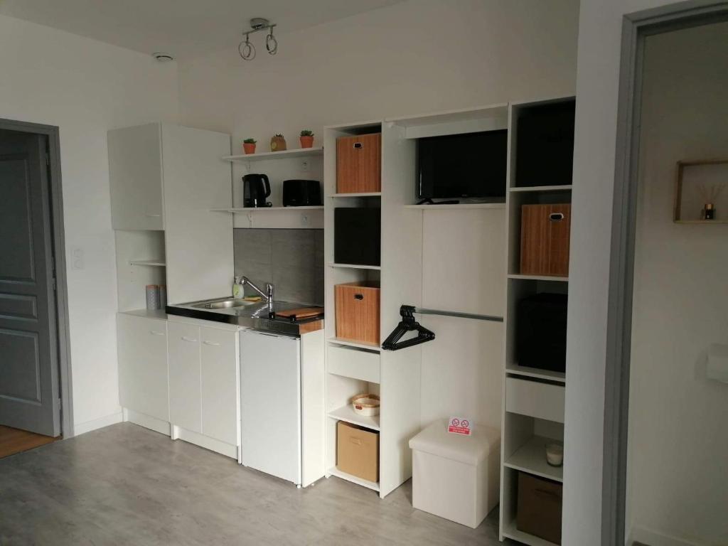 a white kitchen with white shelves and a sink at Charmant F2 in Noyant