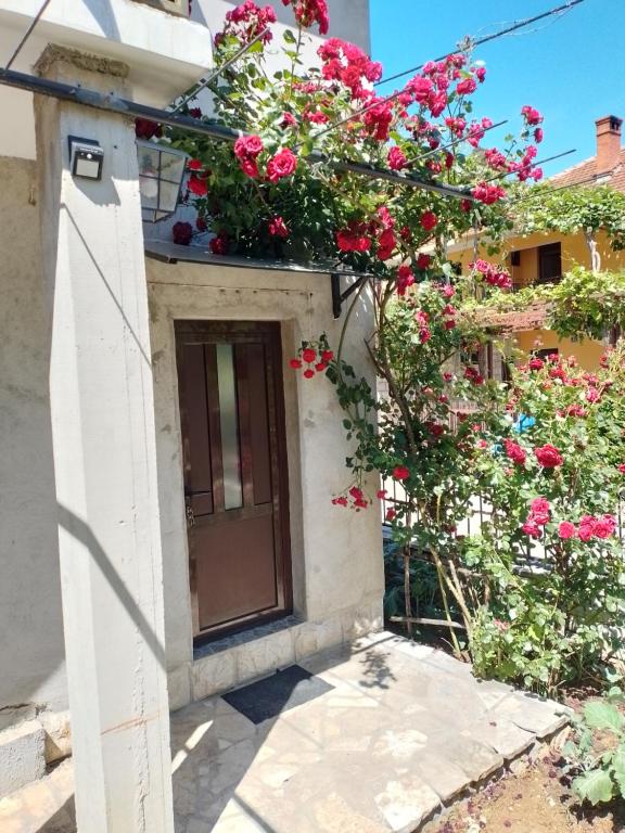 een deur van een huis met roze bloemen erop bij setenčić in Trebinje