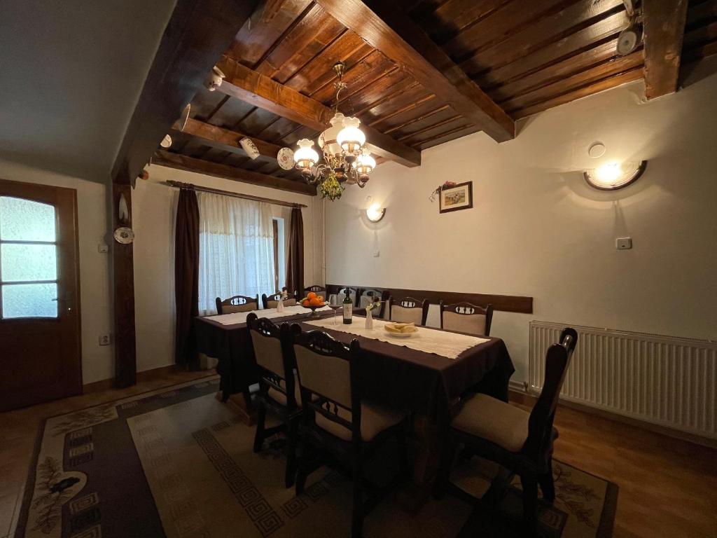 ein Esszimmer mit einem langen Tisch und Stühlen in der Unterkunft Pensiunea Nechita in Şanţ