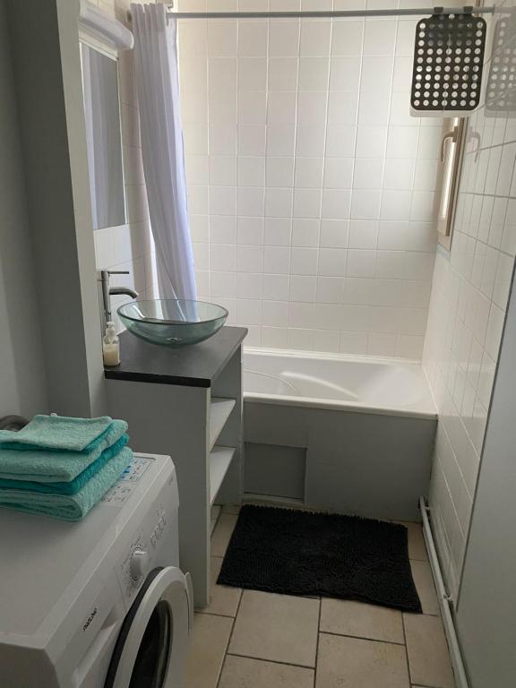 a bathroom with a tub and a sink and a washing machine at Appartement 2 pièces à Nevers in Nevers
