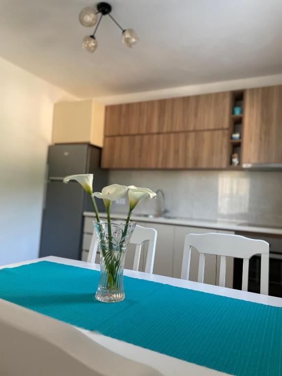 a vase of flowers sitting on a table in a kitchen at Apartman Holiday in Tivat