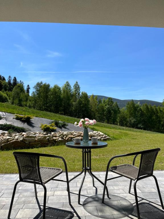 two chairs and a table with a vase of flowers on a patio at Apartament na Wzgórzu 2, Sauny, ebike, las, widok- 5D Apartamenty in Świeradów-Zdrój