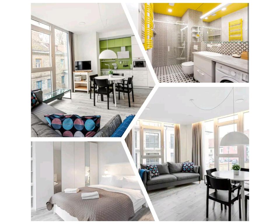 a collage of pictures of a living room and a kitchen at HaPPy Inn VIP, Self Check-In-24x7, A-C, Parking-in-the-underground-Garage in Vilnius