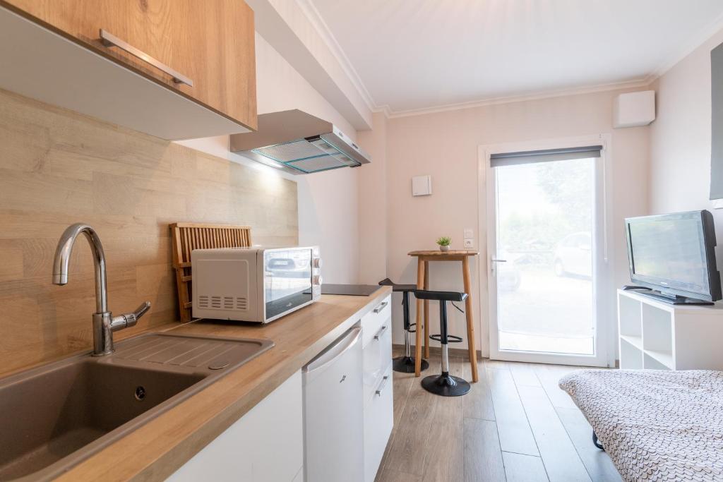 a kitchen with a sink and a microwave at Studio avec vue montagnes in Trévignin