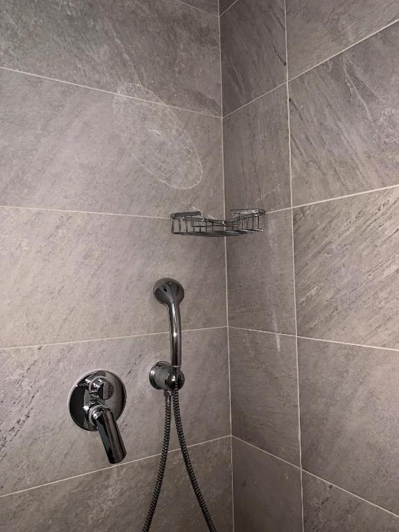 a shower with a shower head in a bathroom at Hotel Aegeon in Mylopotas