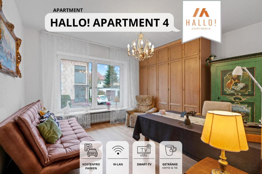 Habitación con sofá y mesa con lámpara. en Tolle Zweiraum-Ferienwohnung in bester Lage l Innenstadtnähe l 1 Minute zum Bahnhof l TV l Free-WLAN l Keine Küche l Willkommen im Hallo!-Apartment 4 en Bad Wörishofen