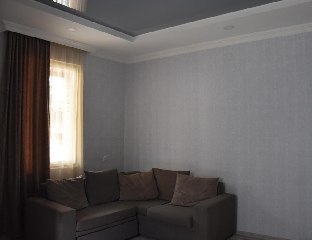 sala de estar con sofá y ventana en Guesthouse Natalia, en Borjomi