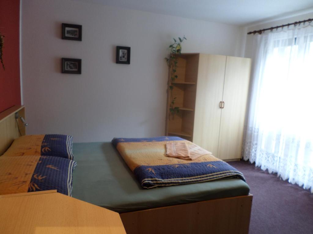 1 dormitorio con 1 cama, armario y ventana en Penzion v Budech, en Křivoklát