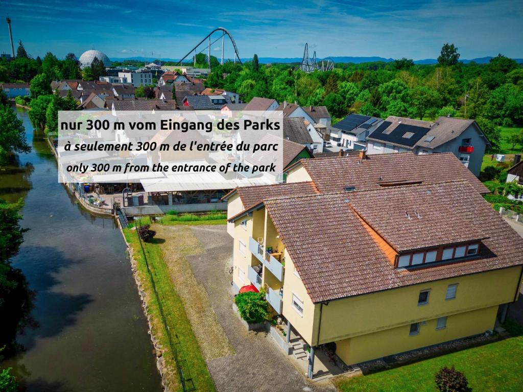 an overhead view of a house with a sign on it at Ferienwohnung beim Europa-Park Rust in Rust