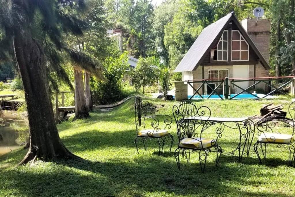 a group of chairs sitting in the grass near a tree at Casa con PILETA al borde del RIO in Benavídez